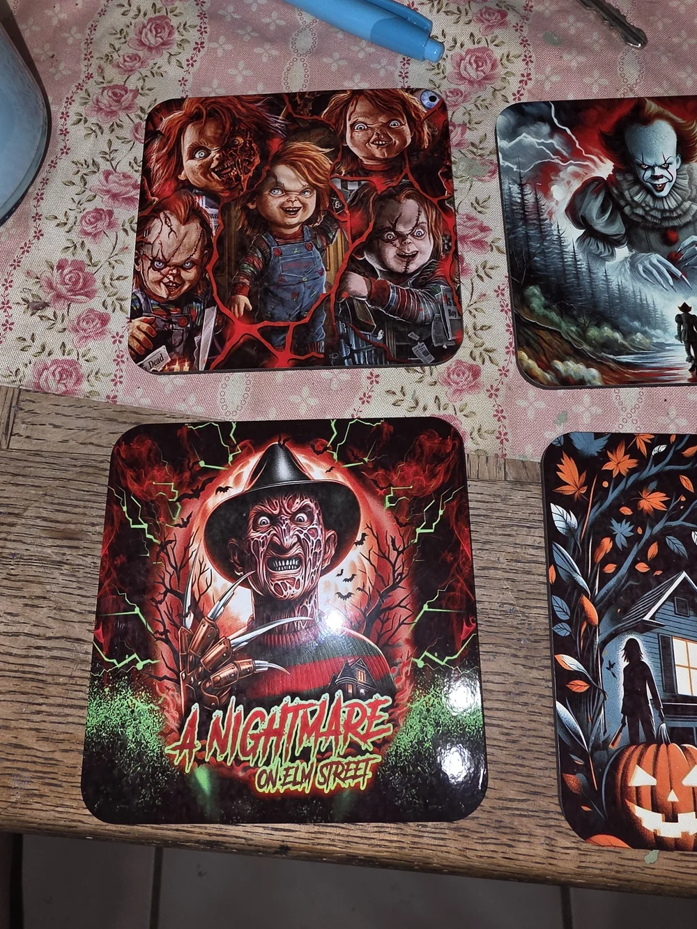 Horror Movie Coaster Set - Assorted Halloween Designs in Black/Red/Gray